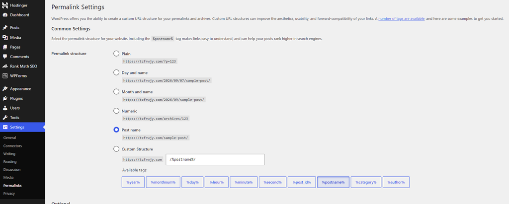 WordPress permalink settings page - prepare your site before you move WordPress from localhost to live server