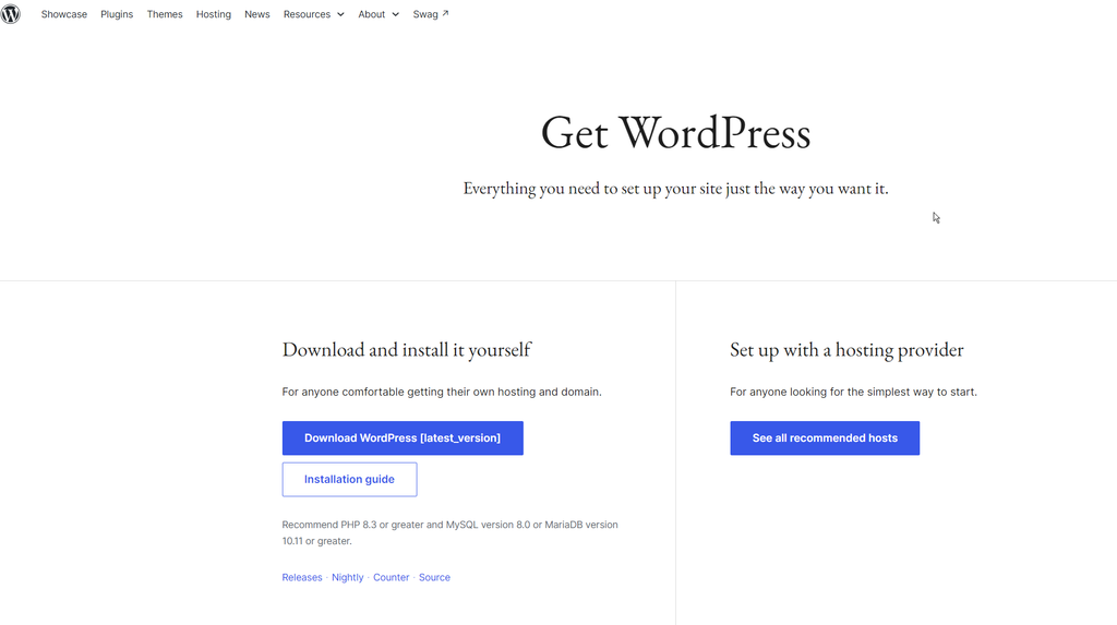 Official WordPress.org download page for self‑hosted WordPress