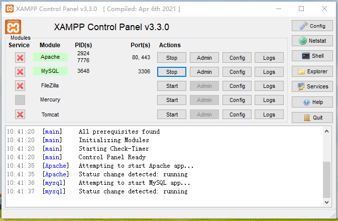 XAMPP control panel running Apache and MySQL for local WordPress installation