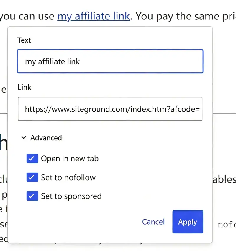 how to add affiliate links in WordPress with sponsored nofollow settings