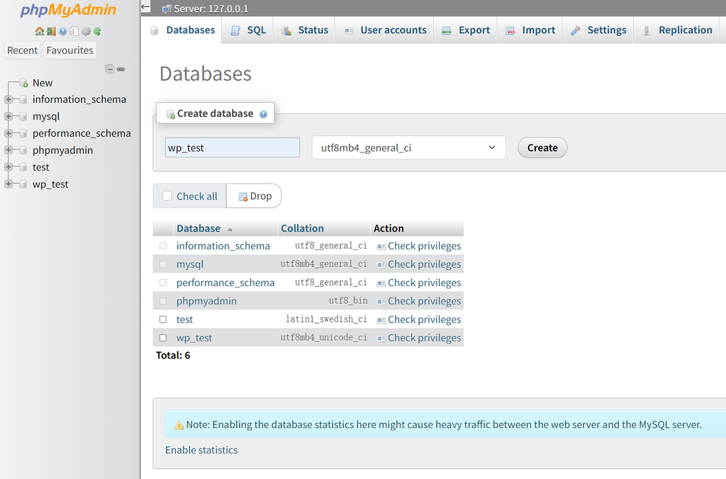 phpMyAdmin create new database wp‑test for WordPress local setup