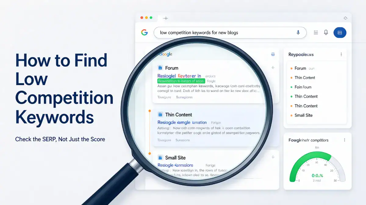 Magnifying glass over search results showing how to find low competition keywords for blog content